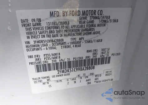 2009 Ford Flex Se z USA, uszkodzony, nr VIN 2FMDK51C99BA28808